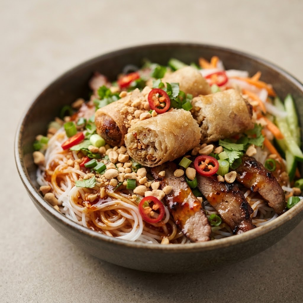 N-11. Pork Vermicelli (Salad; noodle; peanut; chilli; spring rolls and sweet sauce)