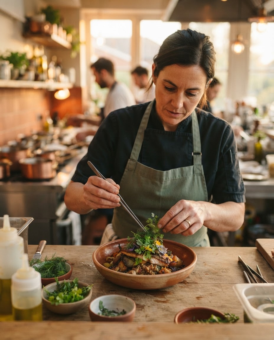 Chef plating a dish at a restaurant pass