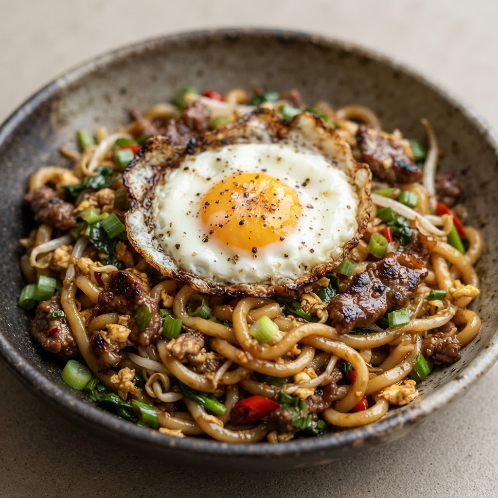 N-12. Beef Lortcha (udon noodle; veggie; beef; sweet sauce topped with a fried egg)