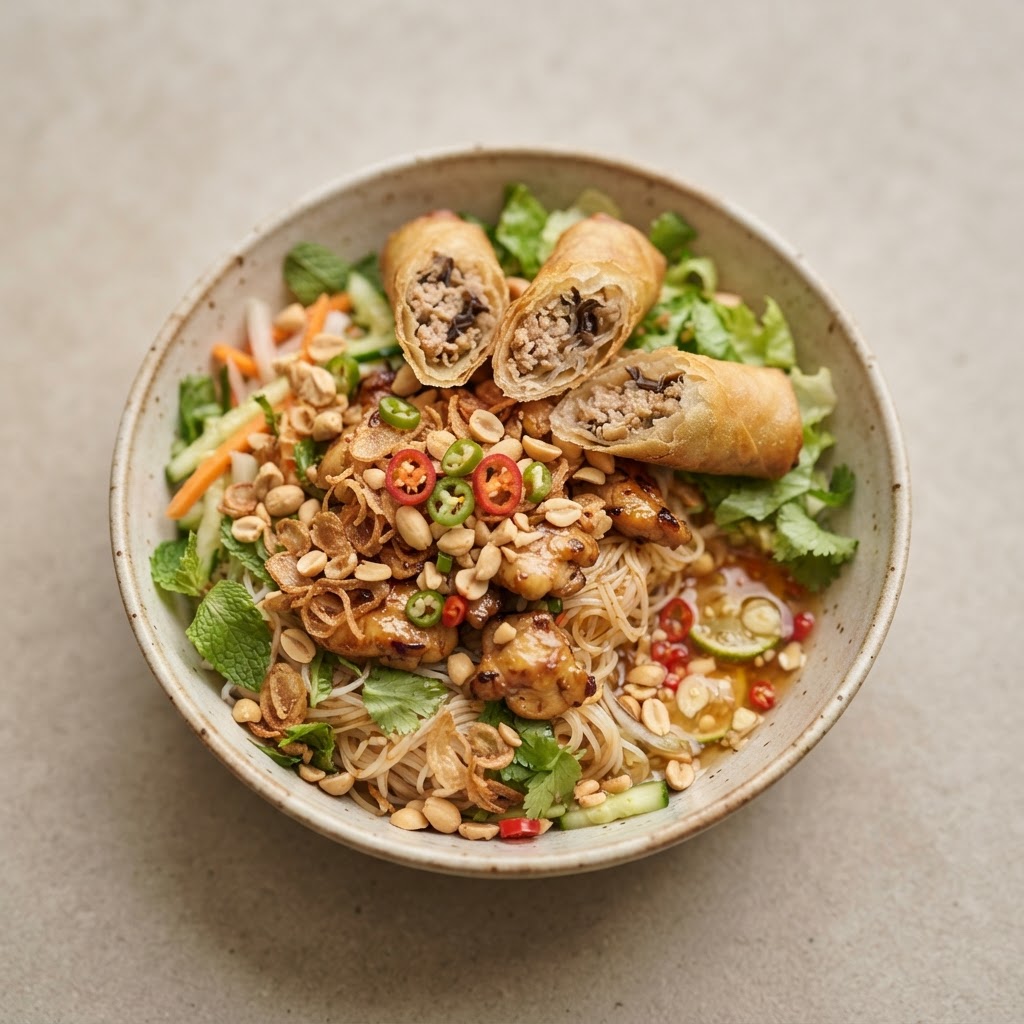 N-11. Chicken Vermicelli (Salad; noodle; peanut; chilli; spring rolls and sweet sauce)