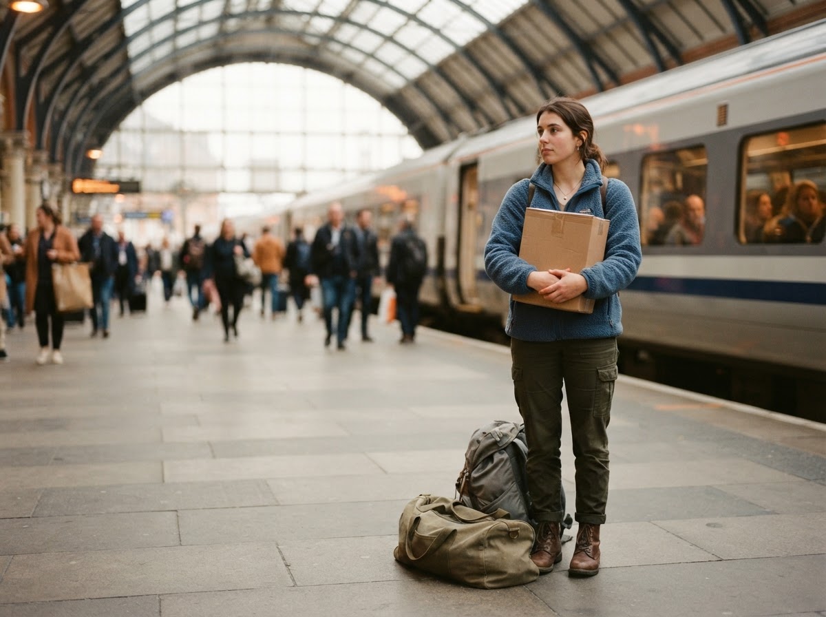 Voyageuse tenant un colis sur un quai de gare interurbaine, sacs à ses pieds