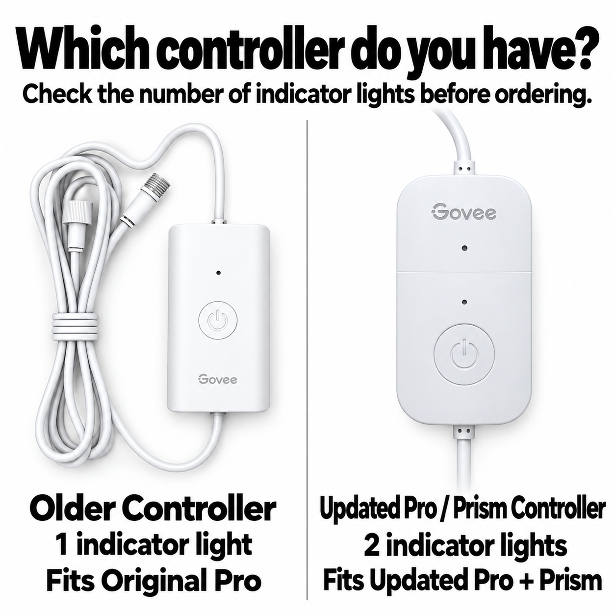 Side-by-side guide showing the original Govee Pro controller with one indicator light beside the updated Pro and Prism controller with two indicator lights