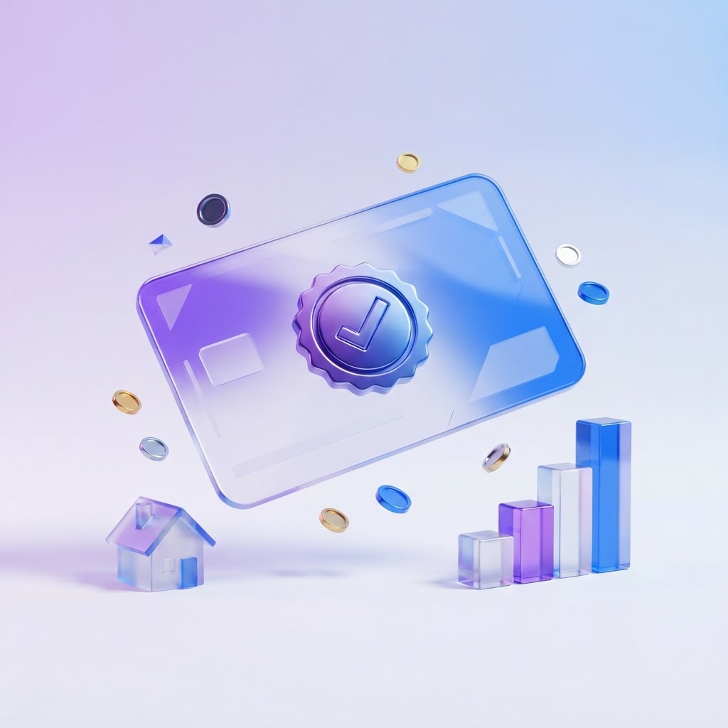 3D render of mortgage approval card with coins and house