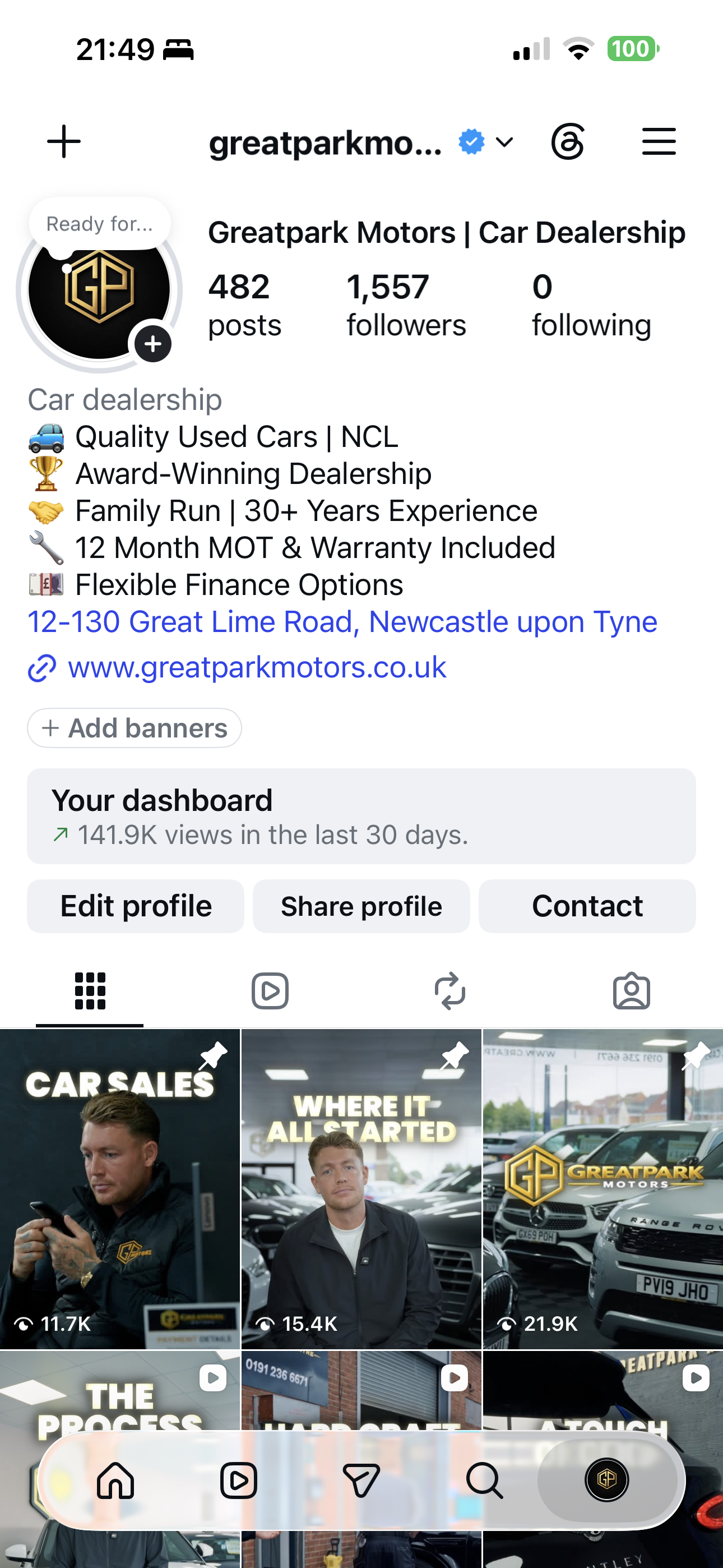 Greatpark Motors Instagram profile after 30 days of SAC Social — 1,557 followers and 141.9K profile views
