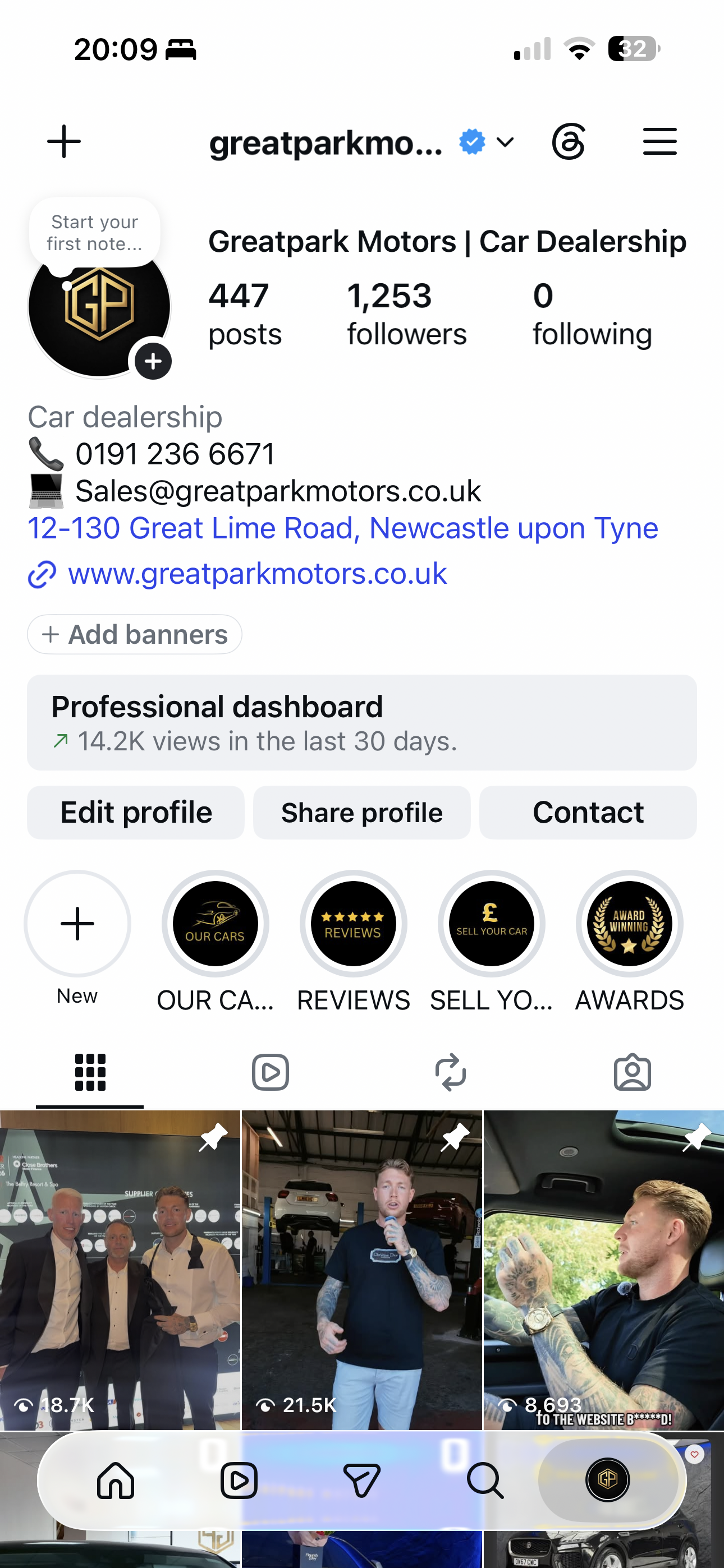 Greatpark Motors Instagram profile before SAC Social — 1,253 followers and 14.2K profile views