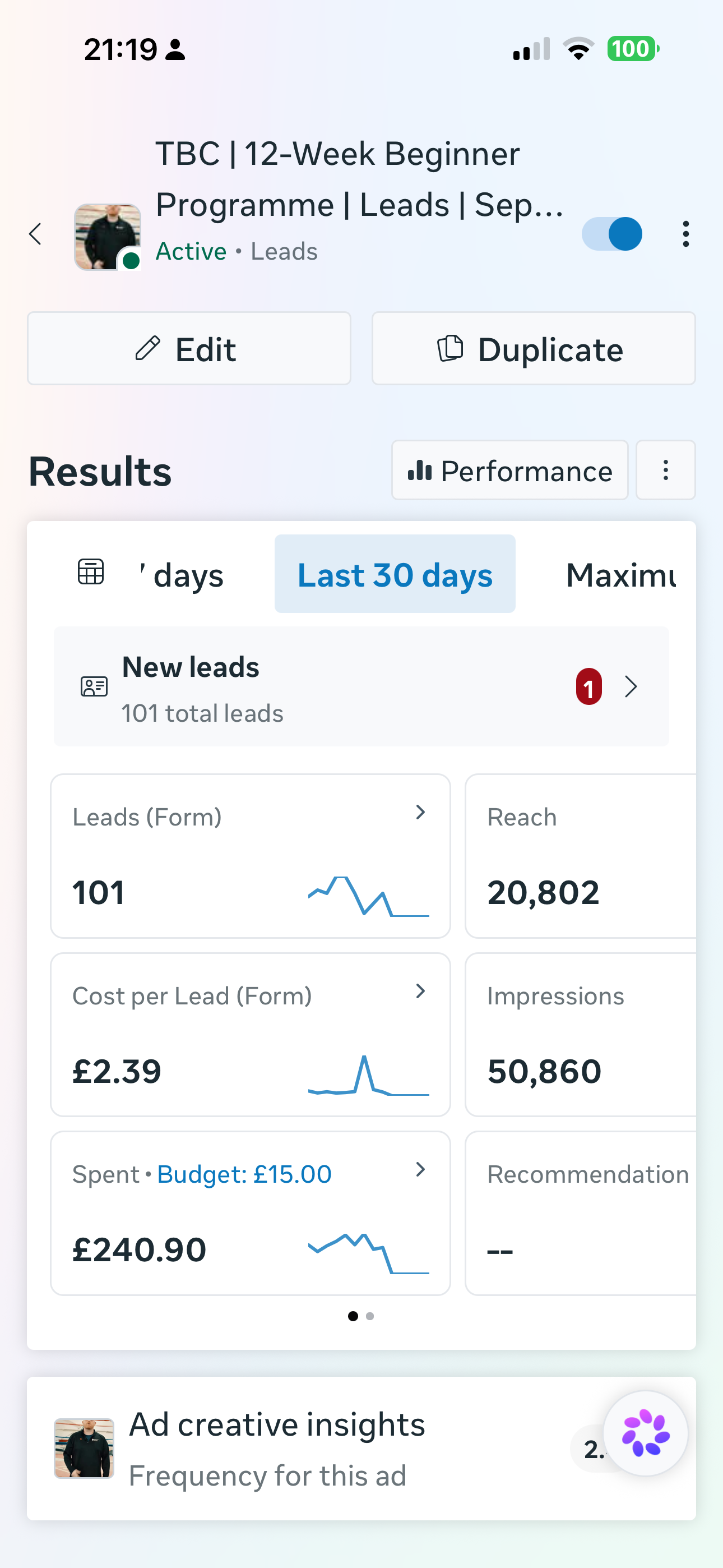 Meta Ads results for the Tyneside Boxing Club 12-Week Beginner Programme campaign
