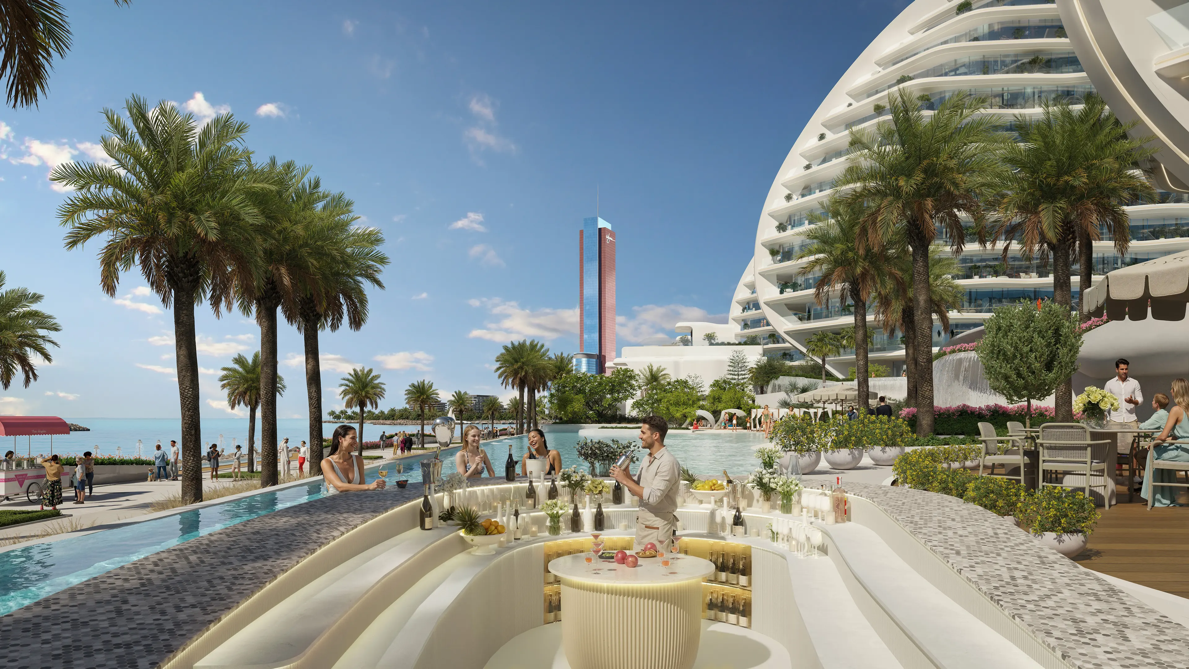 Vue extérieure de la piscine à débordement et du bar de luxe Oystra by Richmind avec architecture moderne et vue sur le front de mer.
