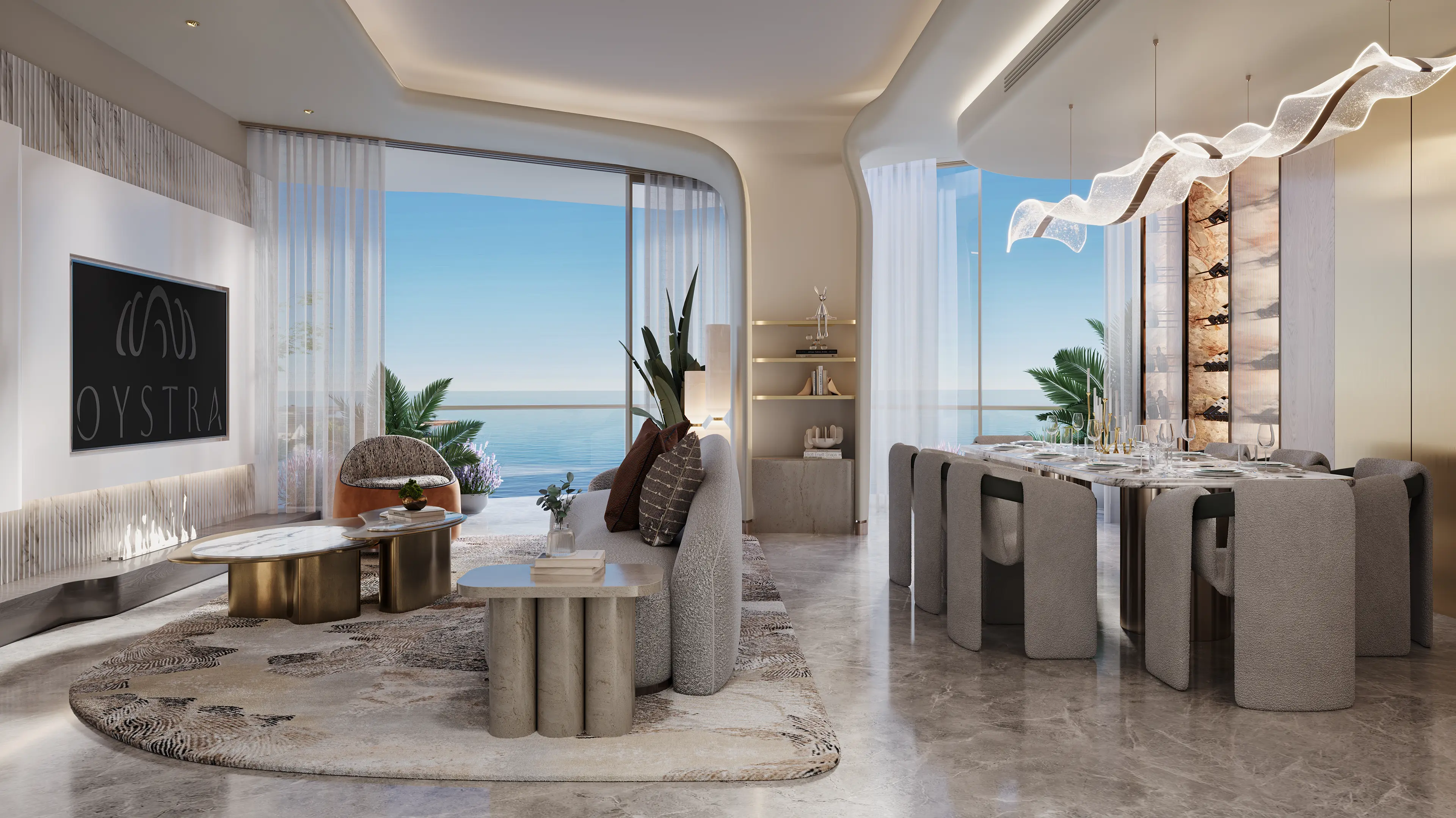 Vue intérieure luxueuse d'un appartement Oystra by Richmind, combinant un salon élégant et une salle à manger raffinée avec vue spectaculaire sur l'océan.