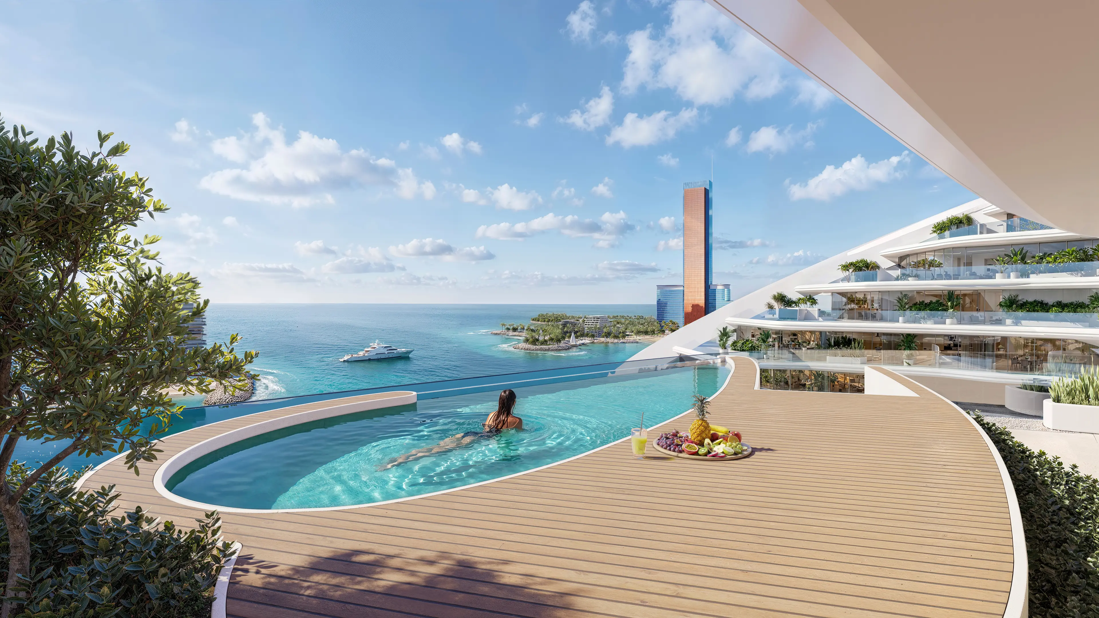 Architecture de luxe Oystra by Richmind, terrasse avec piscine à débordement privée et vue imprenable sur la mer.