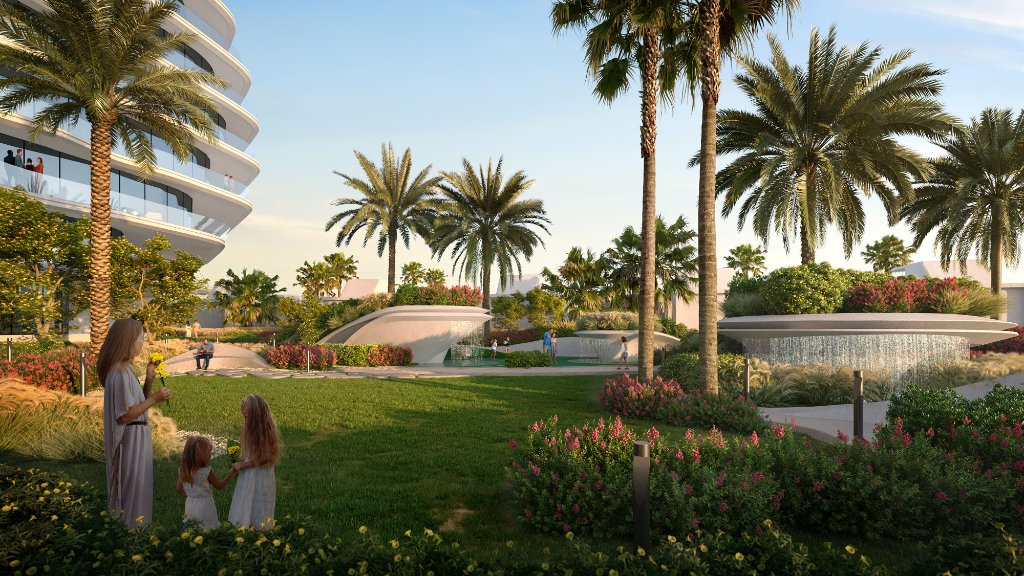 Vue des jardins paysagers et des espaces verts extérieurs de la résidence de luxe Oystra by Richmind.