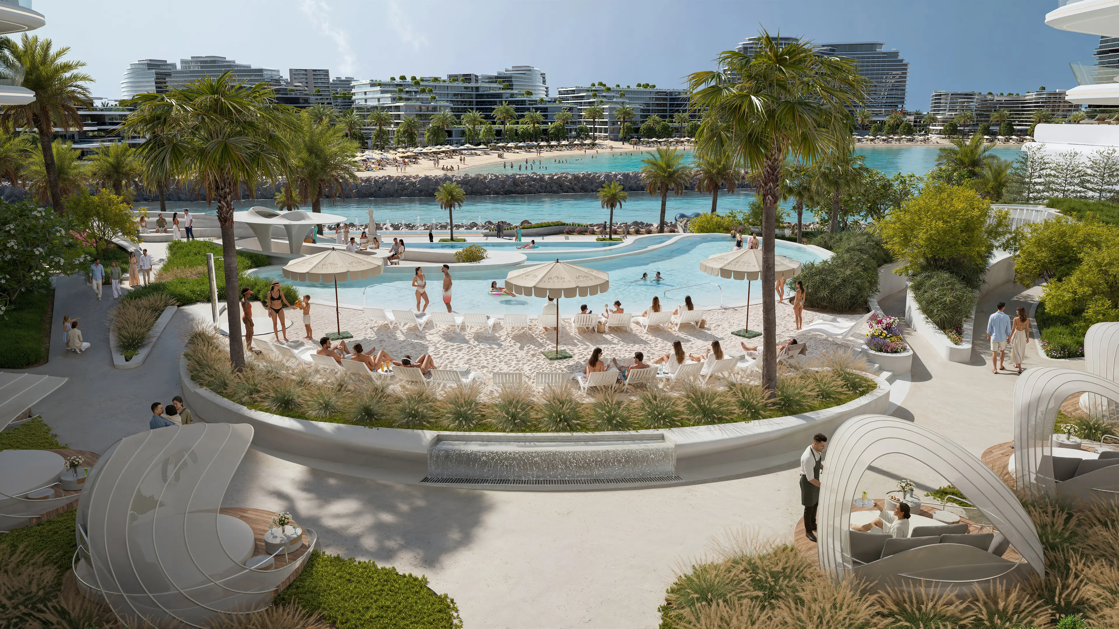 Beach club de luxe Oystra by Richmind avec piscine à débordement, plage lagunaire et architecture résidentielle moderne en cadre tropical.