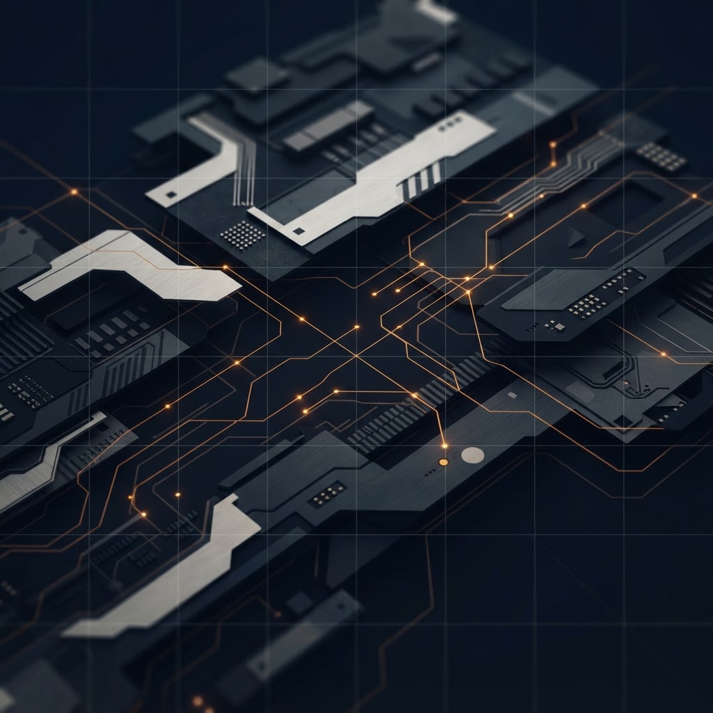 Abstract visualization of hardware, edge computing, and human decision-making