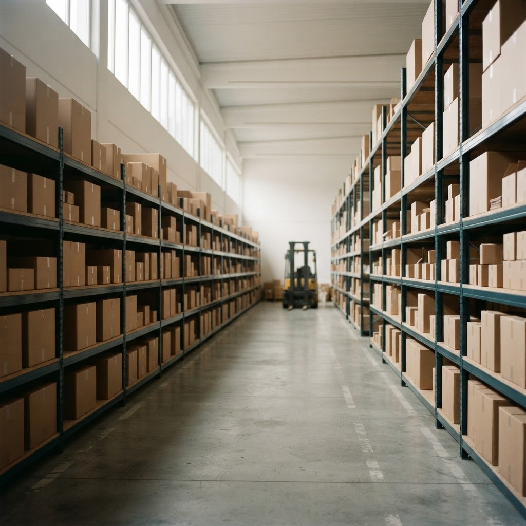 Organised commercial warehouse with plain unbranded workplace supplies