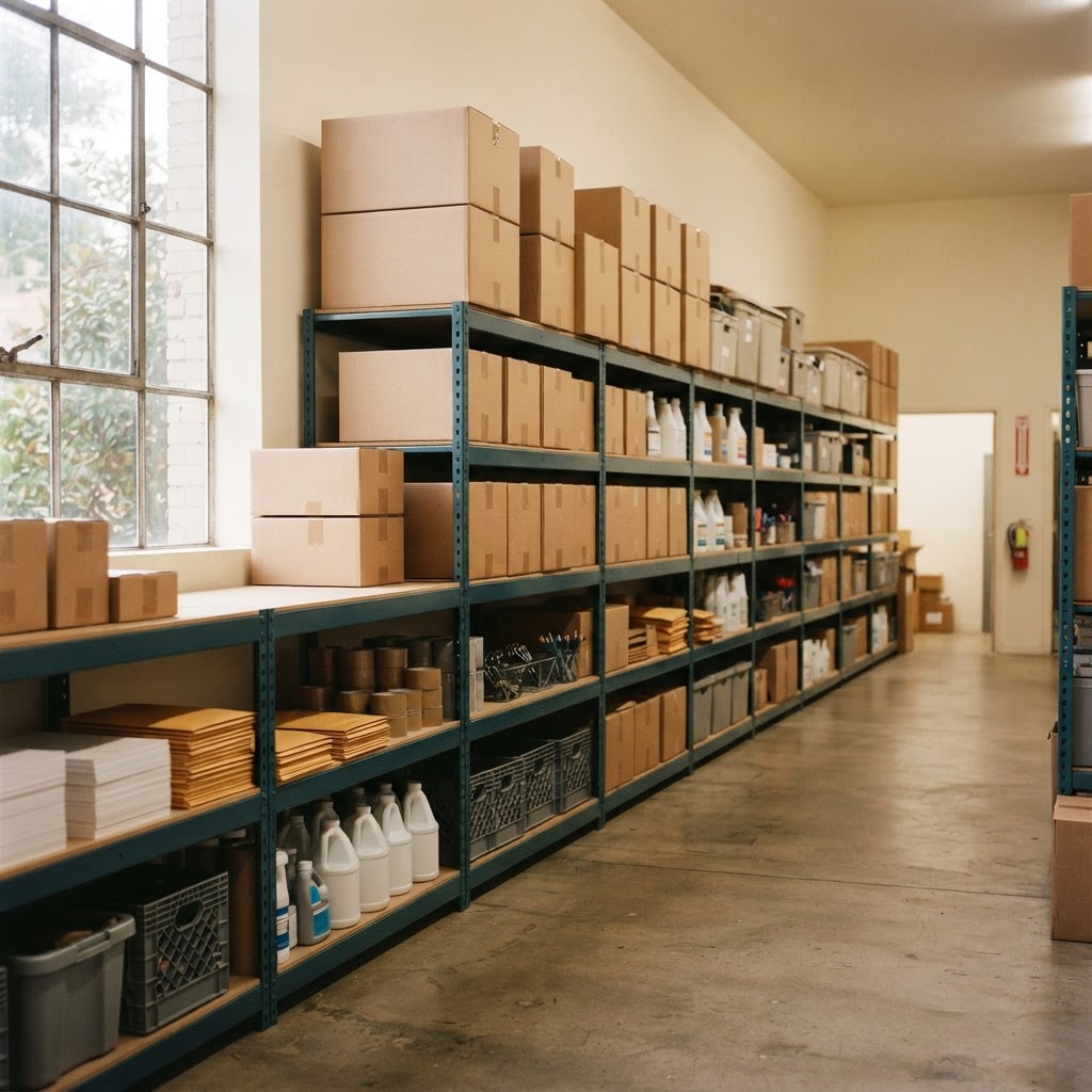 Organised commercial warehouse with shelves of plain workplace supplies