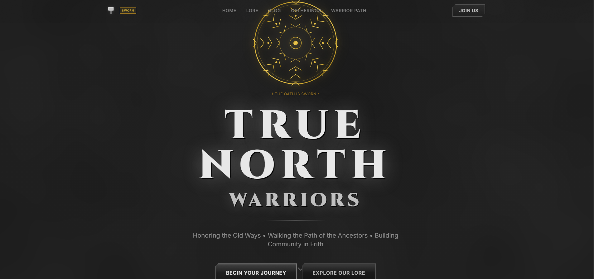 True North Warriors hero with gold runic emblem, oath tagline, and dual call-to-action buttons