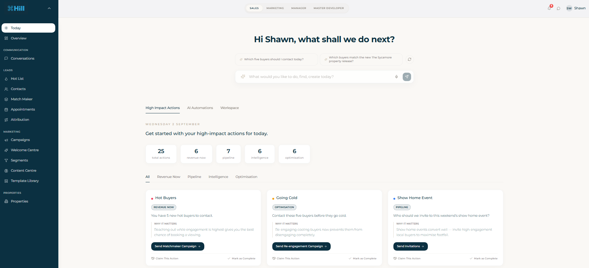 Autonomous real estate CRM dashboard with dark navy sidebar and cream content area