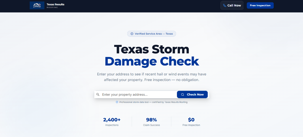 Texas Results Roofing geospatial underwriting dashboard