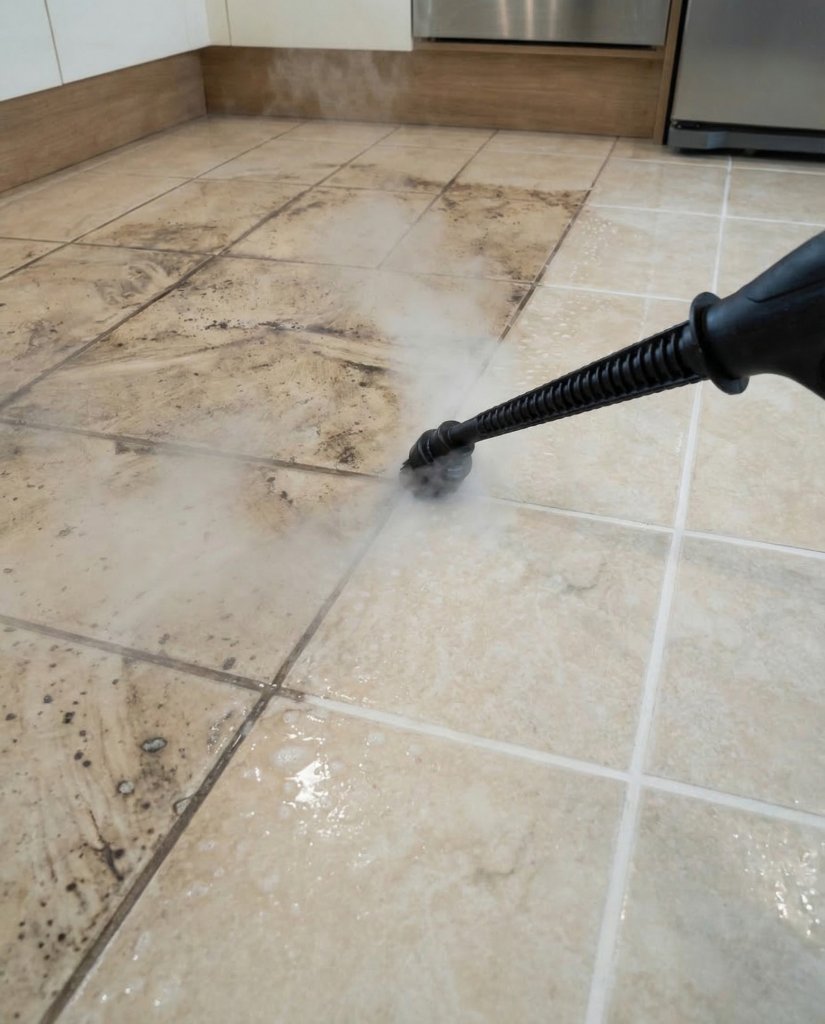 After steam cleaning grout tile