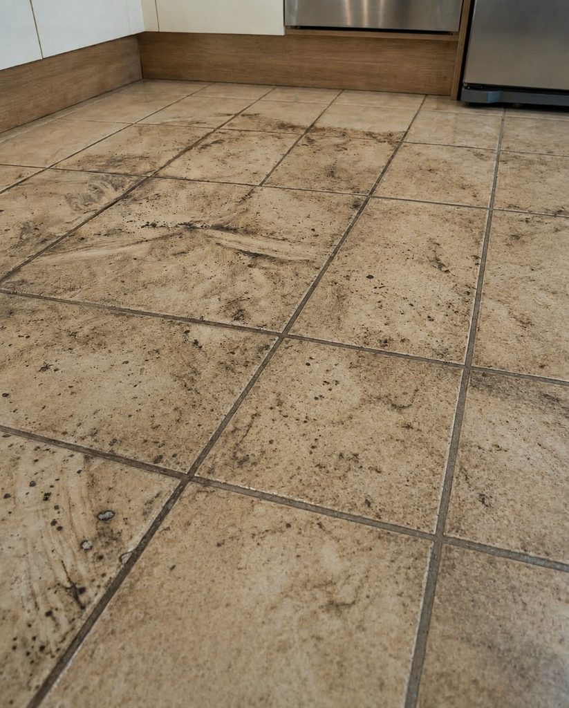 Before grout cleaning - dirty tile floor