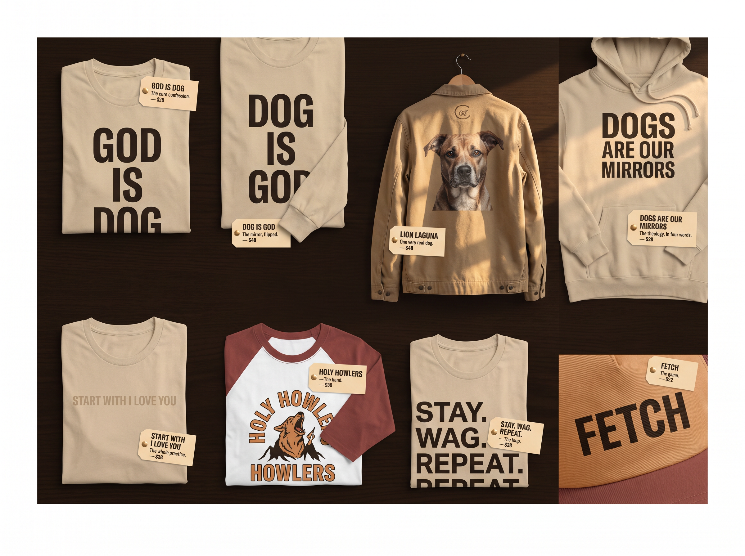 God Is Dog garments arranged on a warm wooden merch table