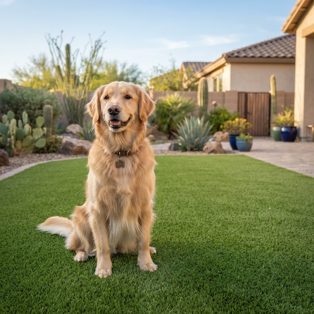 Happy dog enjoying a clean artificial turf yard