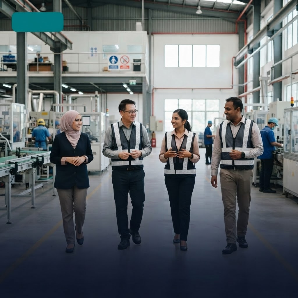 Malaysian occupational health team walking together in a modern factory facility