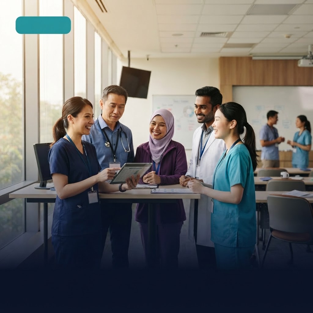 Diverse group of Malaysian healthcare professionals discussing AMLS training in a bright classroom