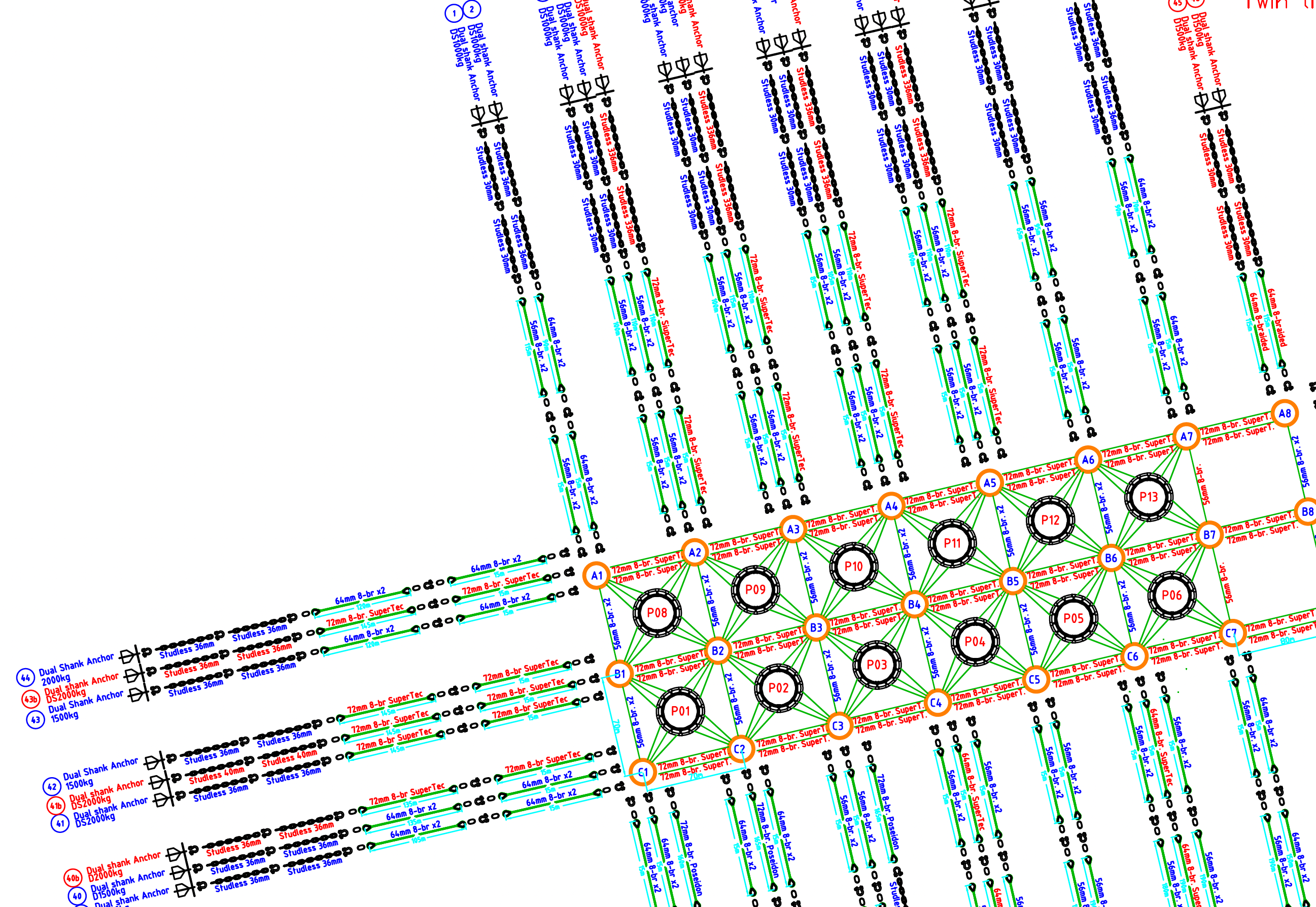 Arcticore aquaculture mooring system — full mooring-grid layout with anchors, chains, ropes and buoys (site plan)