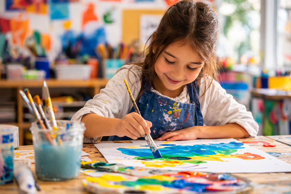 Primary school student engaged in creative painting activity, developing self-management and thinking skills through artistic expression