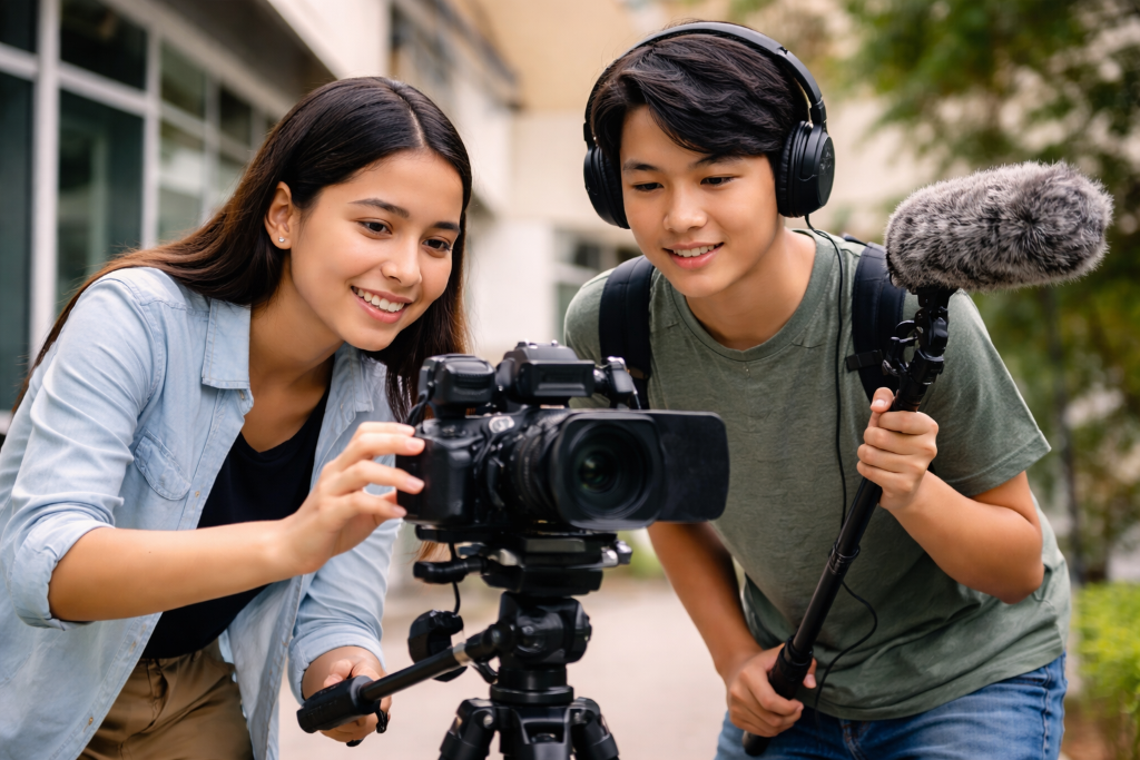 Students collaborating on media production project, developing communication and research ATL skills through video creation