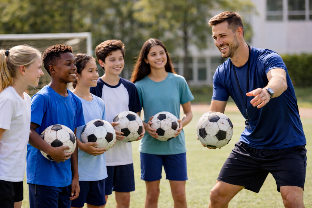 Coach engaging with diverse students in youth soccer training, building social skills, teamwork, and collaborative leadership through sports