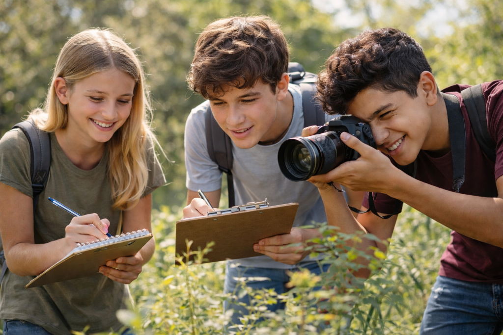 Students conducting field research in nature, documenting wildlife observations and developing research, communication, and thinking ATL skills through outdoor inquiry