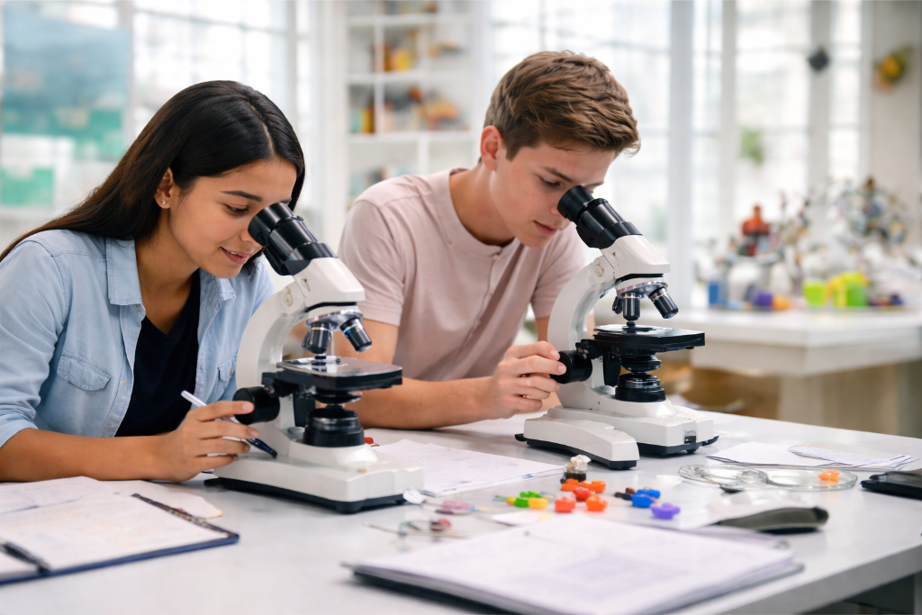 Secondary school students examining specimens with microscopes, demonstrating research and inquiry skills in IB ATL framework