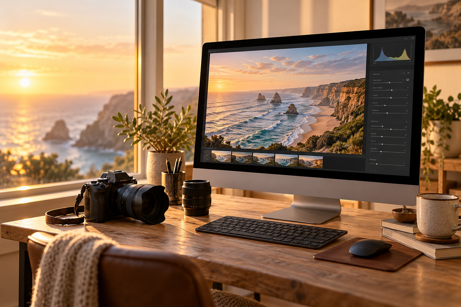 Golden hour photo editing workspace with camera and editing software