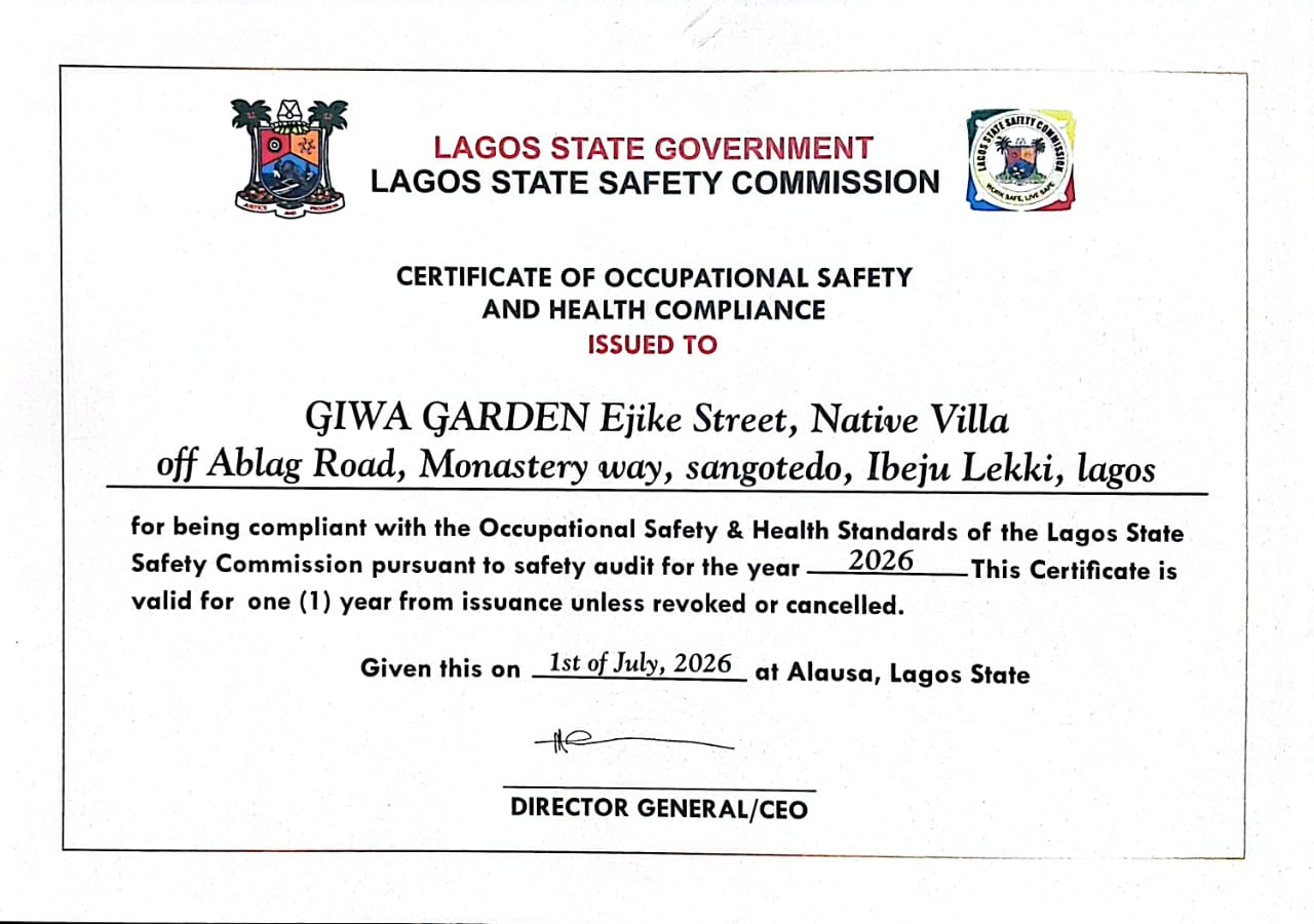 Lagos State Safety Commission Certificate of Compliance — Giwa Gardens
