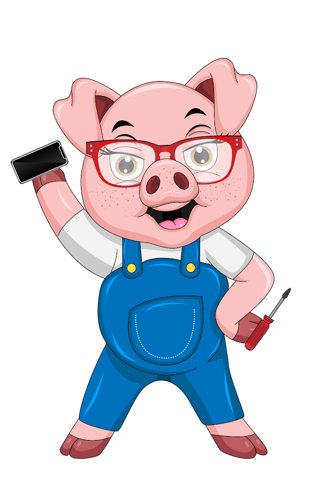 Piggy the technician holding a phone and screwdriver