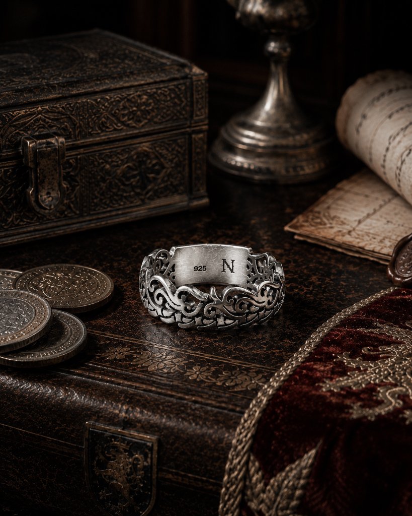 The Mithys Ring — ornate silver ring with 925 and N stamp on dark leather