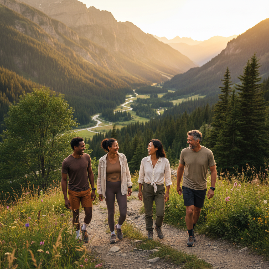 Diverse group of adults walking on a scenic mountain trail