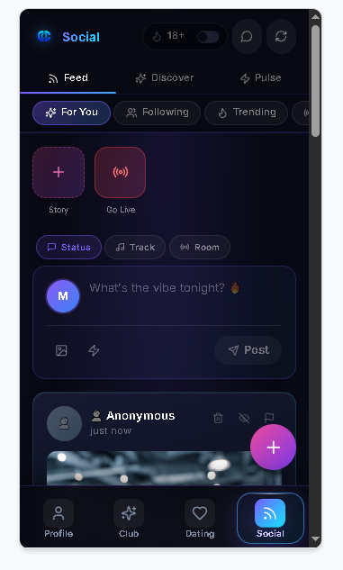 Computer Club social feed with stories, go live, and a post composer