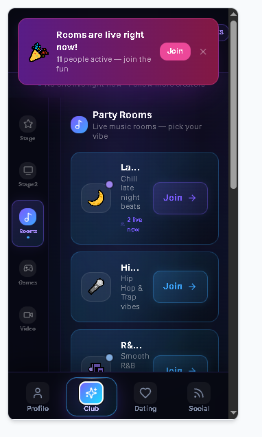 Computer Club party rooms screen showing live music rooms with people active and join buttons