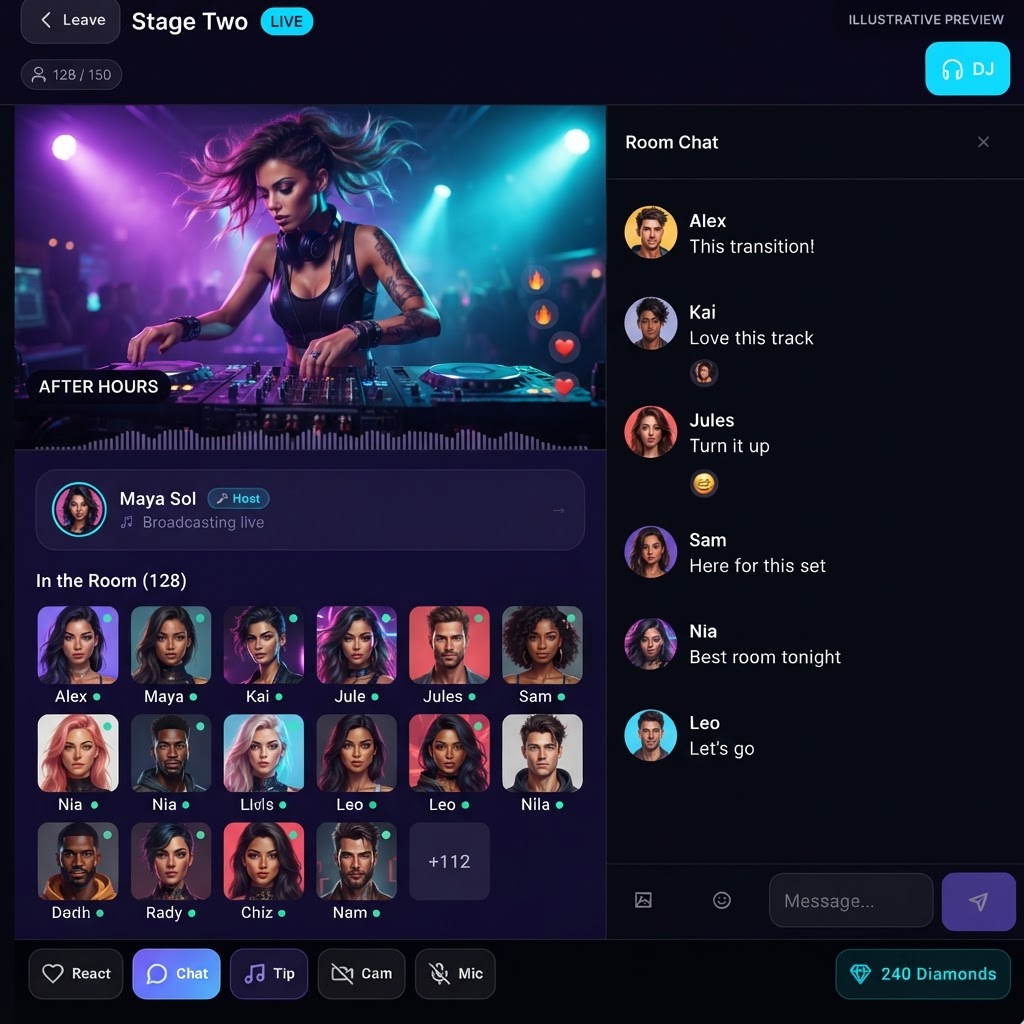 Illustrative Stage Two preview with a DJ, audience and room chat