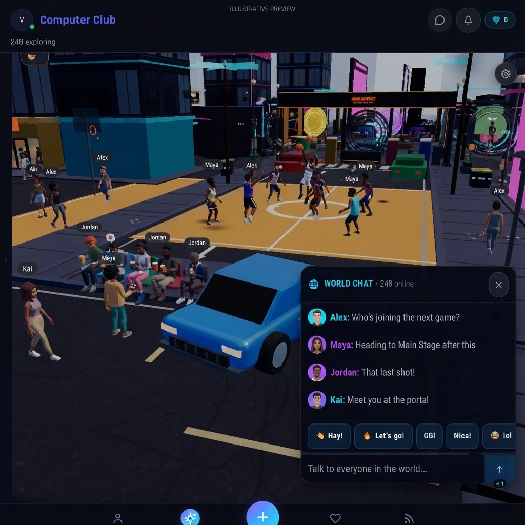 Illustrative Computer Club City basketball court with players and world chat