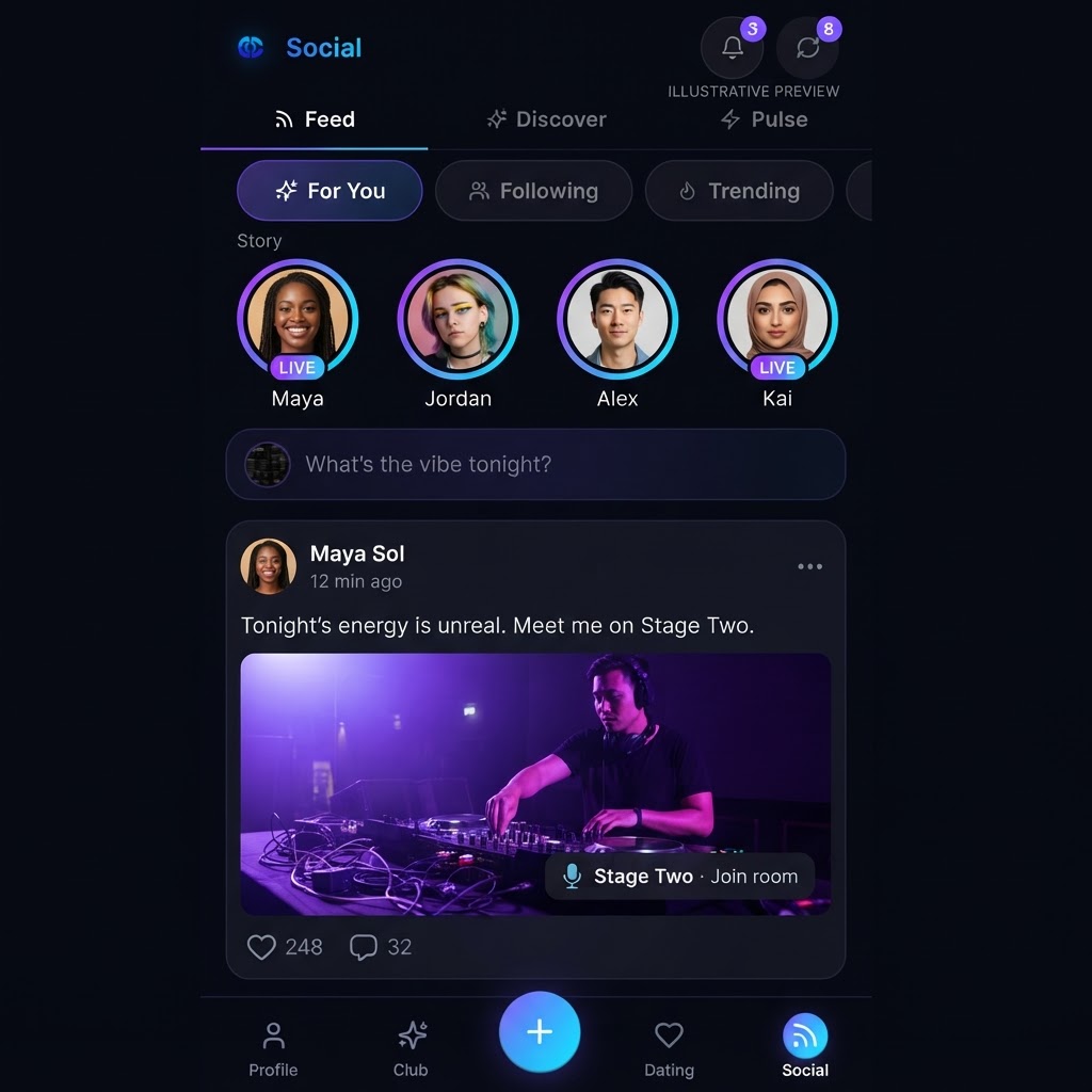 Illustrative populated Computer Club social feed with stories and a DJ post