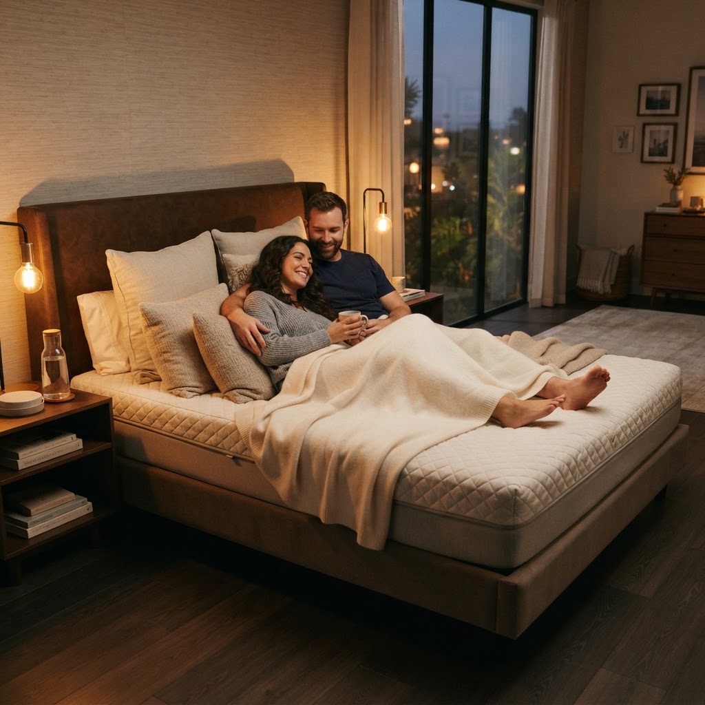 Couple profite d'un lit à eau Profine dans une chambre cosy