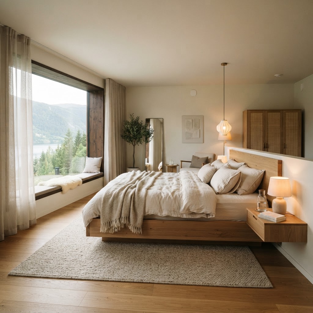 Lit à eau Profine dans une chambre minimaliste et lumineuse