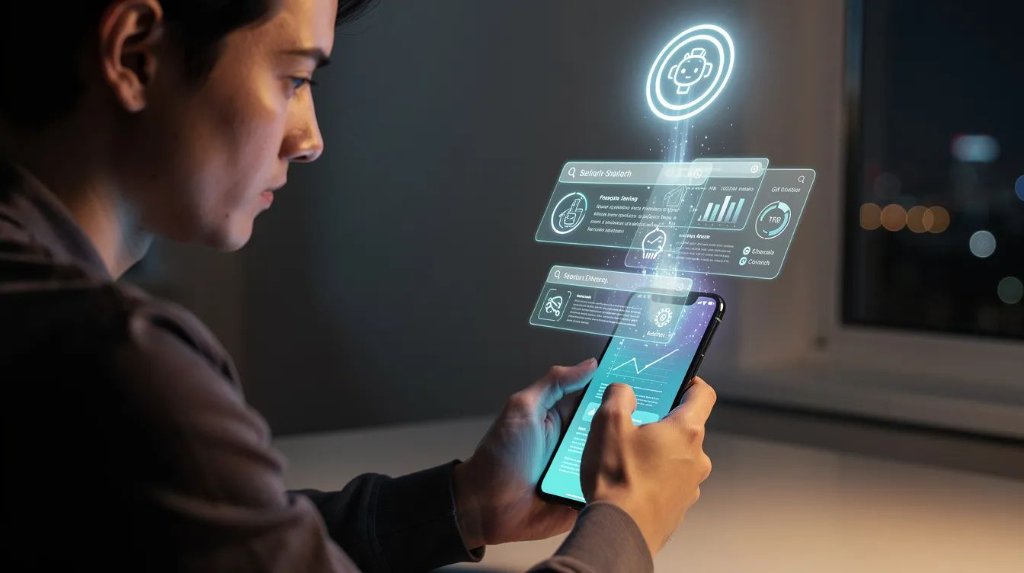 Person using mobile device with holographic SEO search analysis interface
