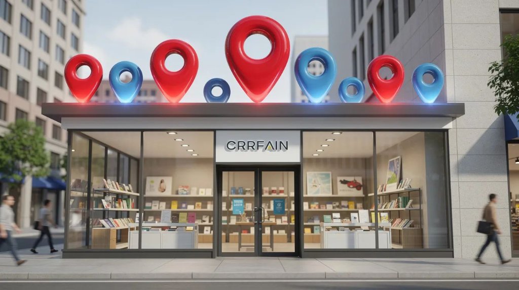 Local SEO services illustrated with map pin markers above a storefront
