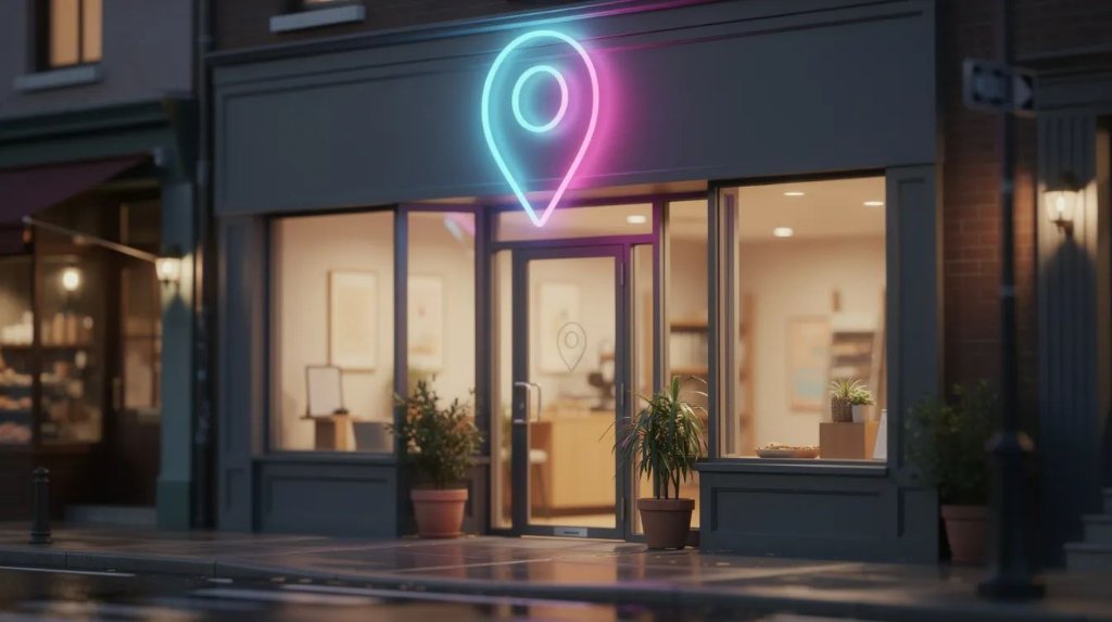 Modern storefront with neon location pin representing local SEO and Google Business Profile