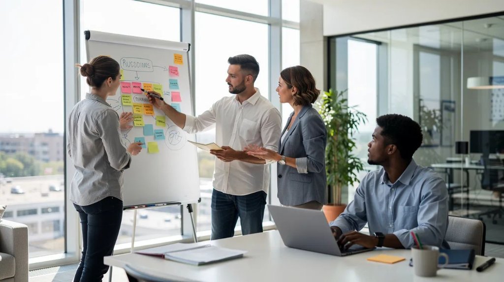 Marketing team collaborating on SEO strategy around a whiteboard