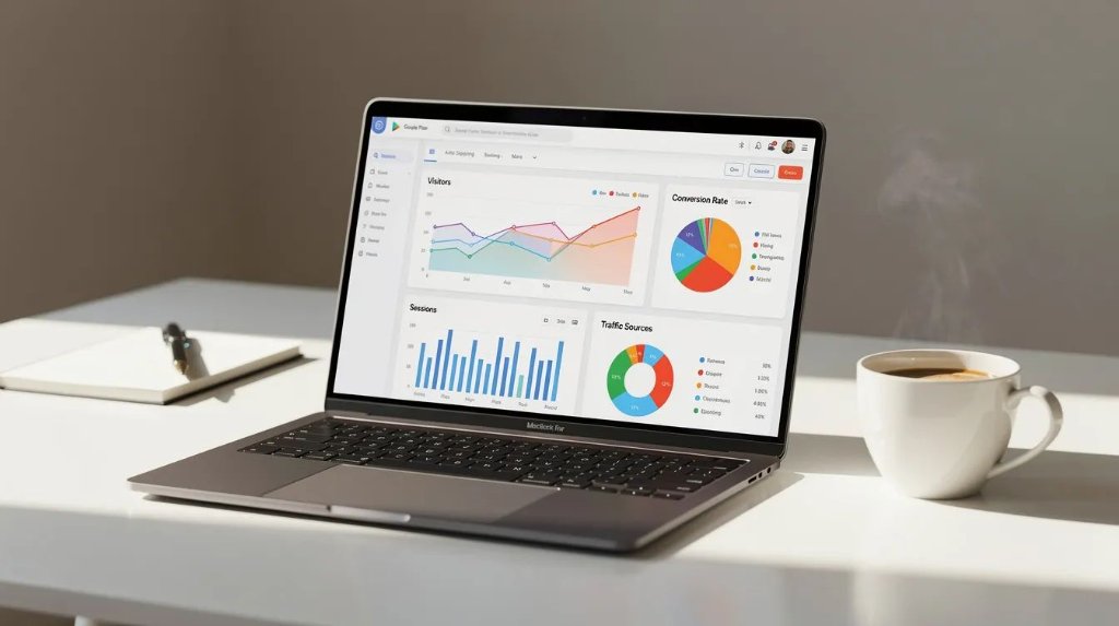 Laptop displaying Google Analytics and Search Console dashboard with traffic and conversion metrics